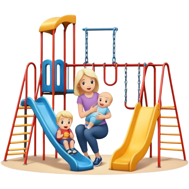 Toddlers playing on a  playground with kids and a woman holding a baby watching  emoji