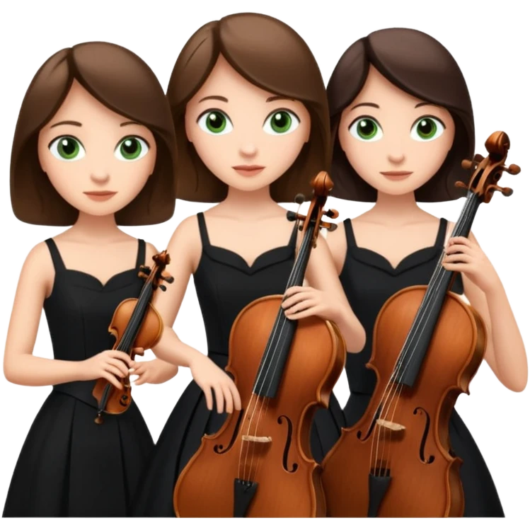 Create an imagine of three brunette women playing string instruments in black dresses, the first is playing a cello with blue eyes, the second is playing a viola with hazel eyes and the third is playing the violin with green eyes emoji