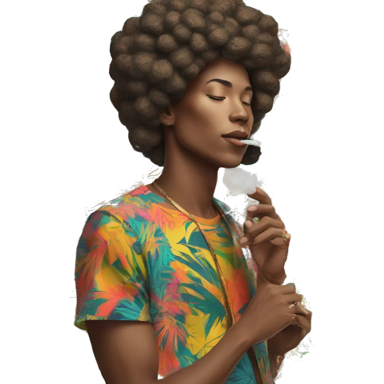 Person vaping wearing a colourful vibrant tropical patchwork of intricate vintage patterns, vape emoji