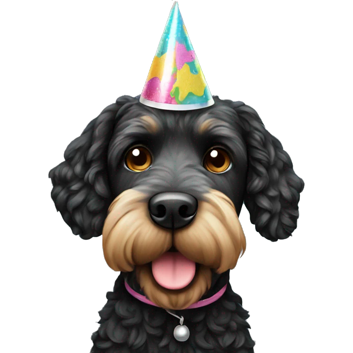 Black doodle dog wearing a birthday hat emoji