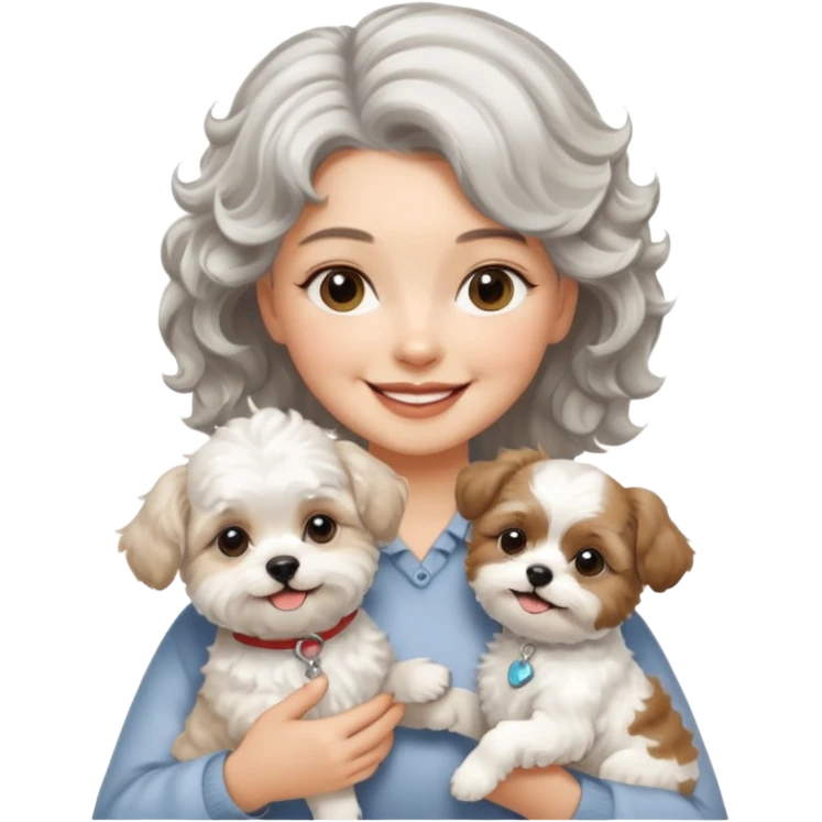 silver, short, wavy-haired with loose curls, smiling pretty lady holding a whit terrier dog and a white and tan shih tzu dog emoji