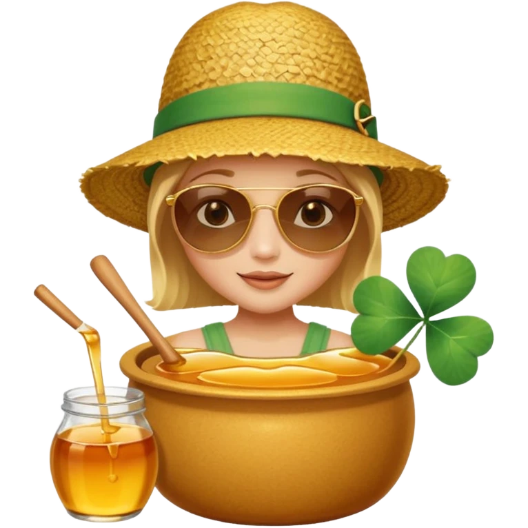 A hunny playing or eating out of a big pot of honey (like the one Winnie the Pooh played with) and have a Irish four leaf clover ground cover and a beach back drop  emoji
