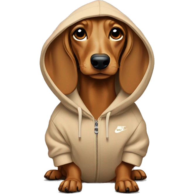 Dachshund wearing a beige hoodie with Nike Logo  emoji