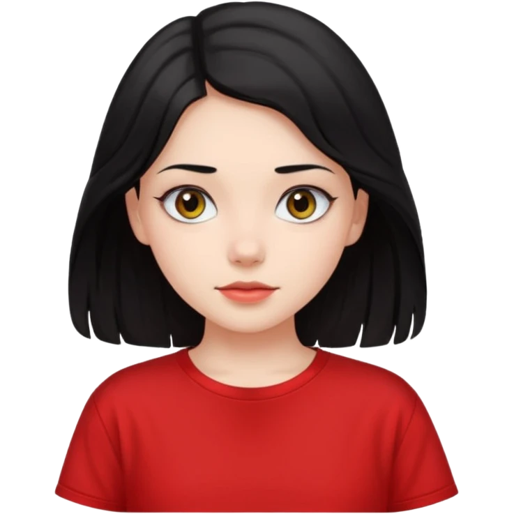 Buatkan aku emoji perempuan yang memiliki warna kulit cerah, mata yang cantik, dan mempunyai rambut hitam yang lurus dan sedikit bergelombang dan panjang rambutnya sampai ke pundak, dan memakai kaos pendek oversize berwarna merah  emoji