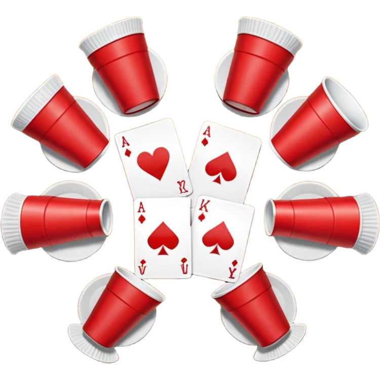 playing cards on a table in a circle around a red solo cup emoji