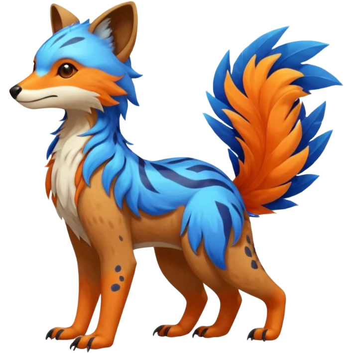 Colorful brown with blue and orange tropical exotic shiny beautiful fantasy-Vernid-Cacomistle-animal-Fakémon-hybrid-fursona (full body) emoji