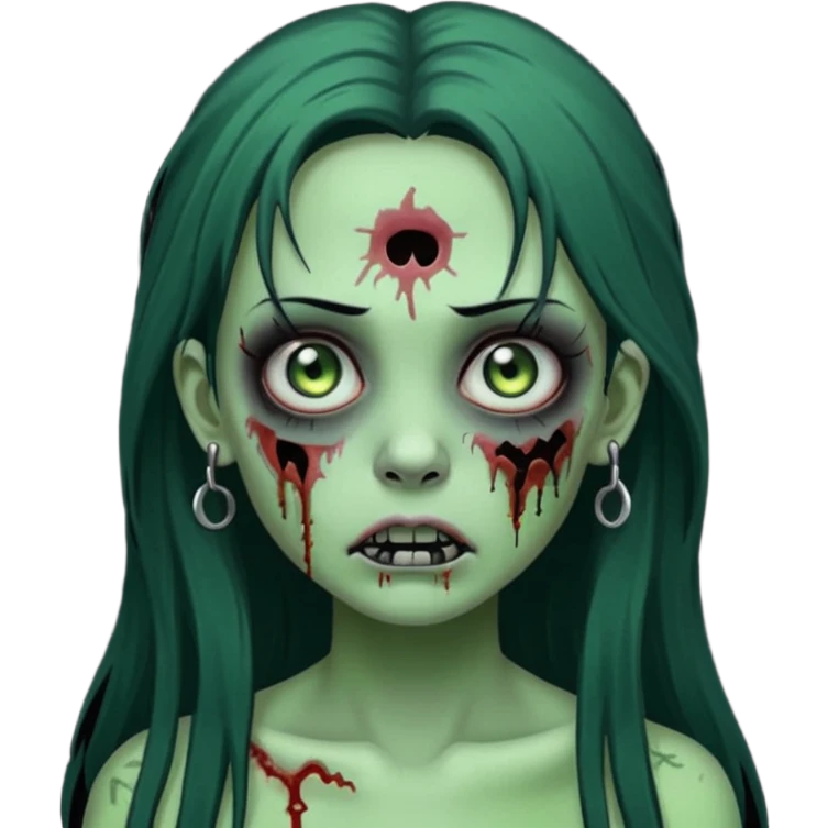 Zombie girl with a facial piercings long black hair green skin emoji