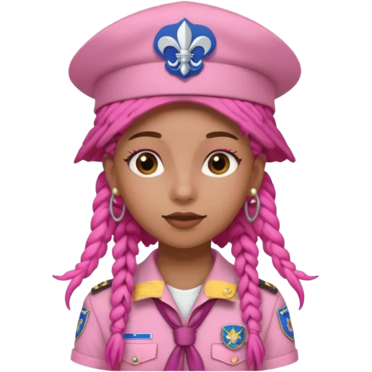 scout girl with pretty pink uniform, pink dreadlocks, and big earrings and scouts hat emoji