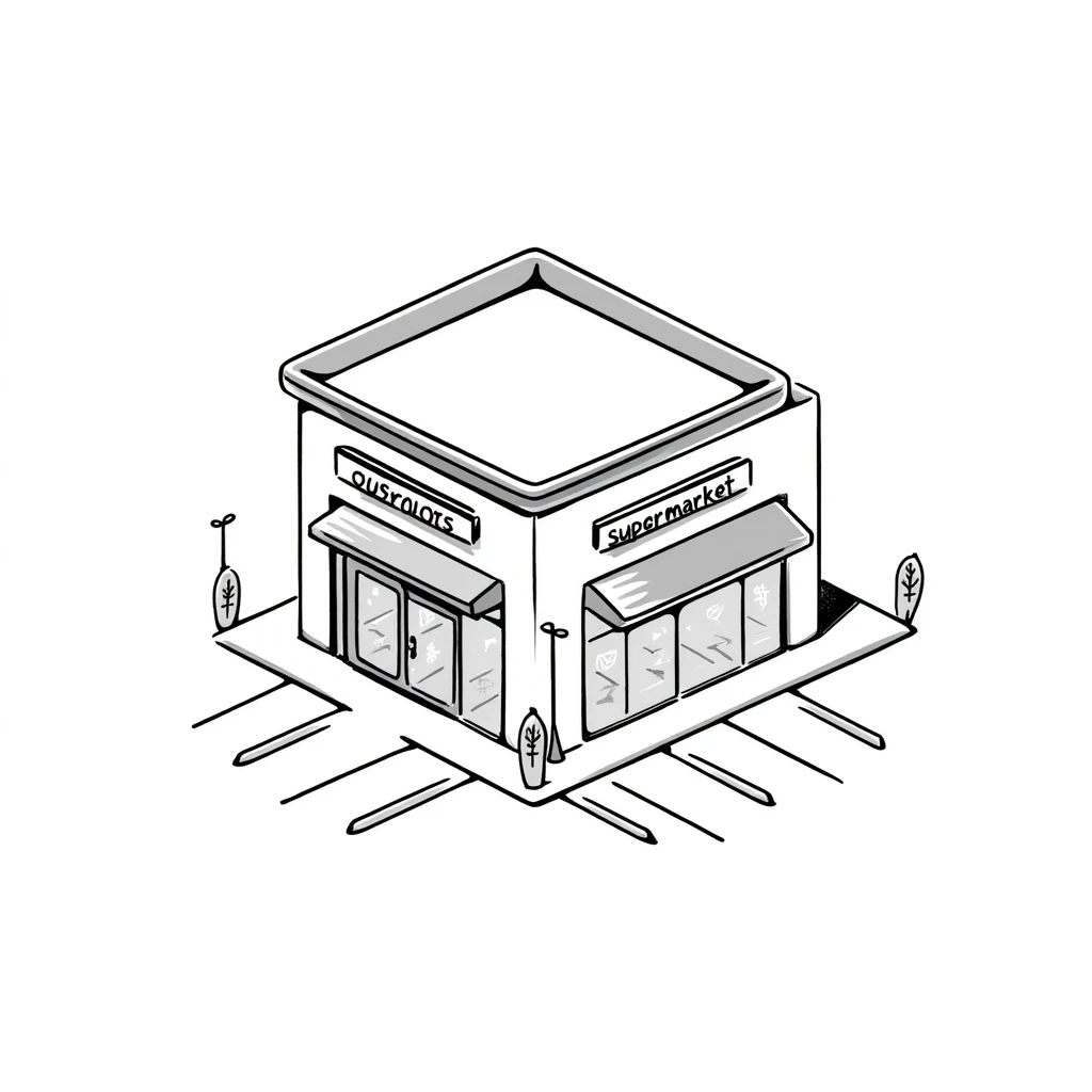 Isometric supermarket building with glass entrance, shopping cart return areas, and parking spaces emoji