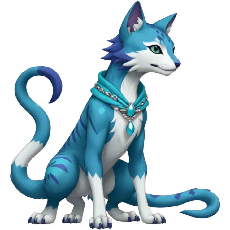 Kawaii cute Indigo Turquoise Grey beautiful pretty elegant divine edgy feline-vernid-sergal-Fakémon-Pokémon-Digimon-fursona-animal-creature, full body, with intricate detailed markings, silken shawl, decorative anklets emoji