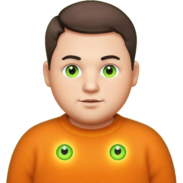 plump man in his 30s with short cropped hair, wearing a unique dark yellowish-orange woolen jumper, bright neon green glowing unrealistic eyes, emoji style emoji