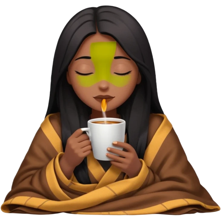 Chocolate brown girl with long straight jet black hair inside a blanket sipping coffee eyes closed emoji