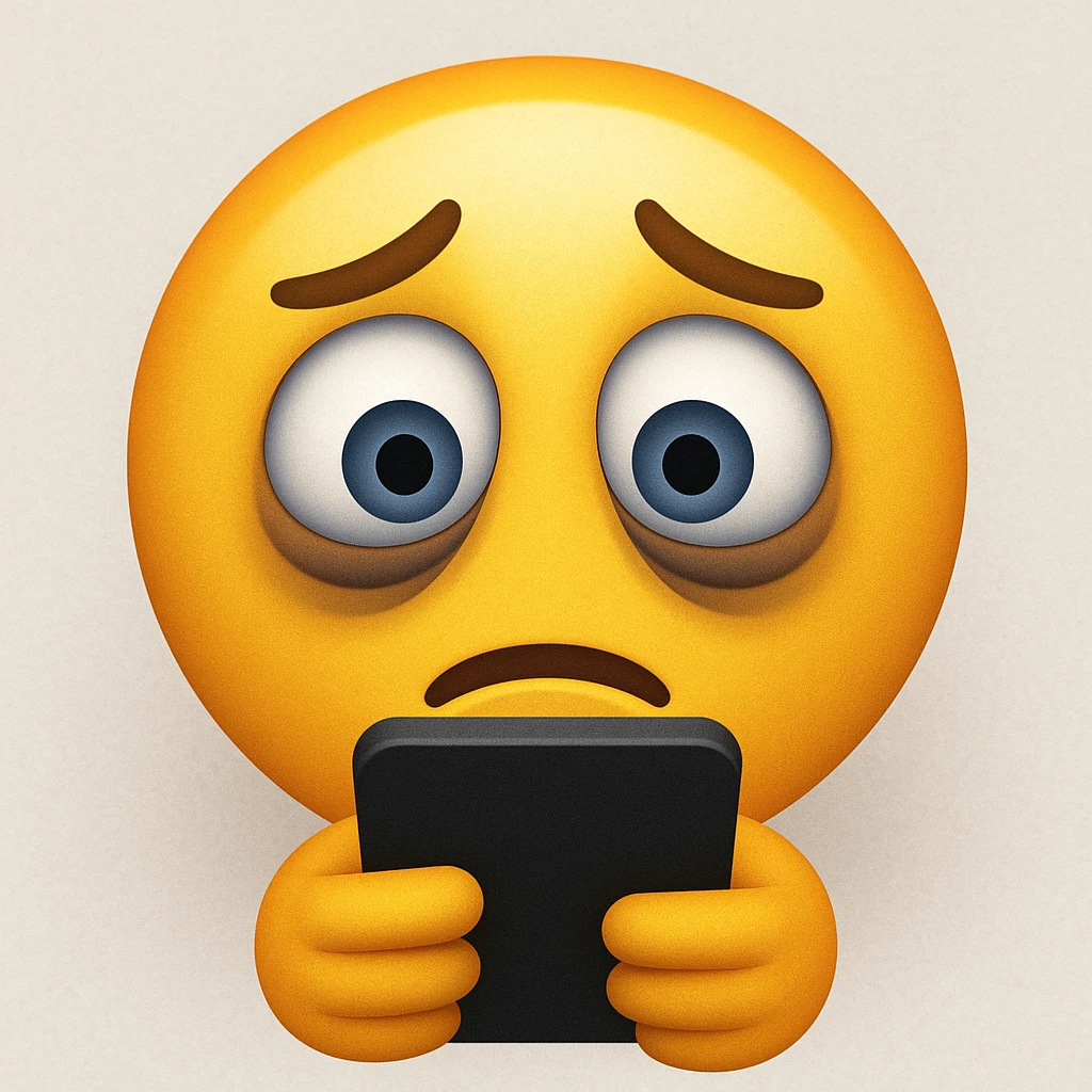 doomscrolling emoji, a face staring anxiously at a smartphone, eyes wide, tired expression emoji
