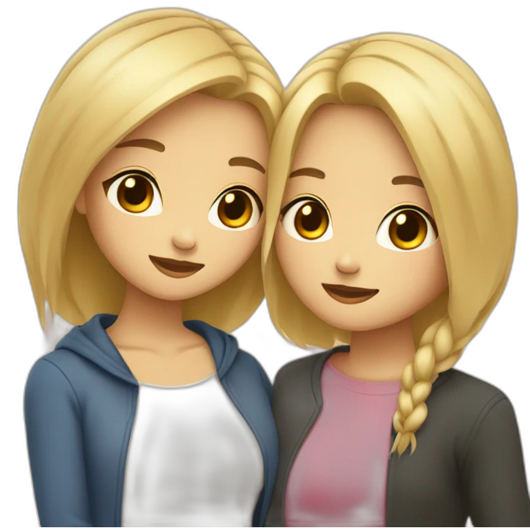 Two girls friends one with blonde short hair, second asian with long hair hugging each other emoji