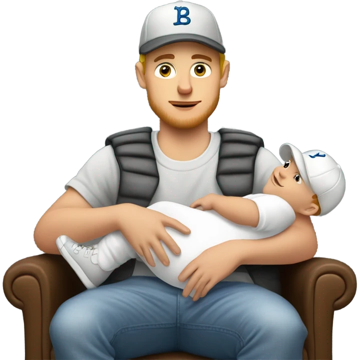 Young white man in baseball hat rocking a white baby in puffy grey rocker  emoji