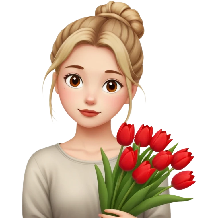 A girl with a messy bun, holding a bunch of tulips. emoji