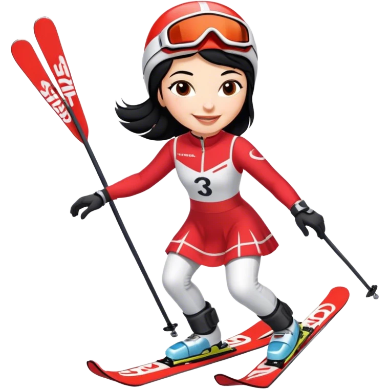 Ski racer woman black hair smile red white dress with the name Stephanie on the dress and the name HEAD on the skis emoji