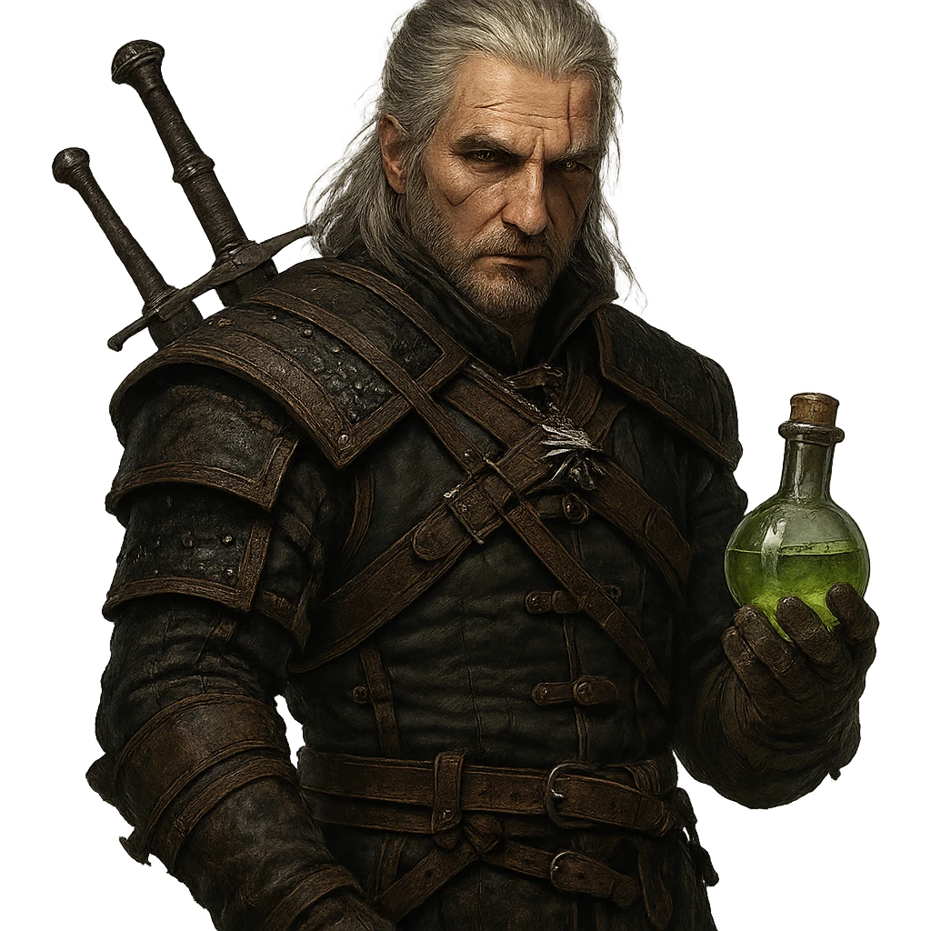 Witcher character in the style of The Witcher series, holding a potion. emoji