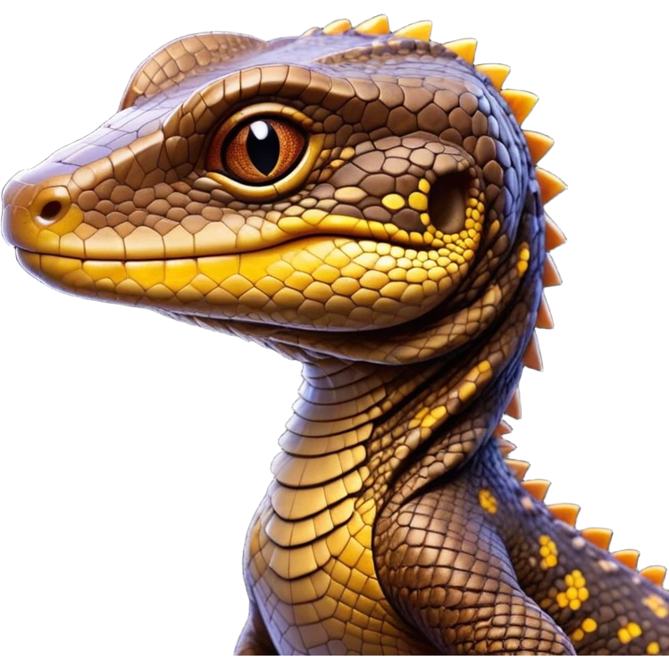 Cinematic Cute brown camo spotted monitor Lizard Portrait Emoji, Head tilted playfully and inquisitively, with a sleek, patterned body accented by vibrant hues and round, sparkling eyes full of wonder, Simplified yet irresistibly adorable features, highly detailed, glowing with a warm, friendly glow, high shine, affectionate and lively, stylized with a touch of exotic charm, bright and endearing, soft glowing outline, capturing the essence of a mischievous yet captivating lizard that seems as if it could scuttle out of the screen into your arms! emoji