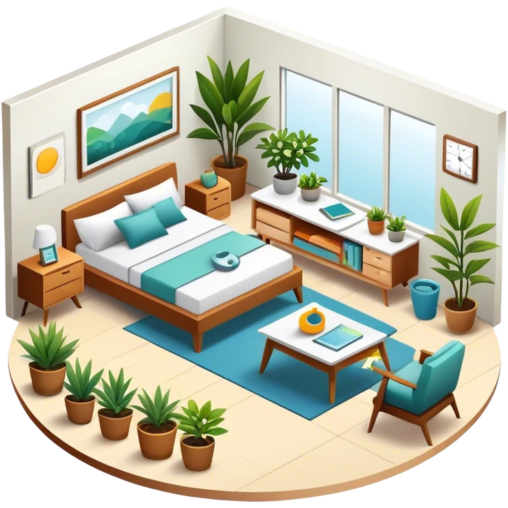 Icon for Interior Design: a modern room layout with furniture, plants, and decor items, with a color palette and design tools like a ruler and measuring tape. The icon should represent creativity, space planning, and aesthetic design. Transparent background. emoji