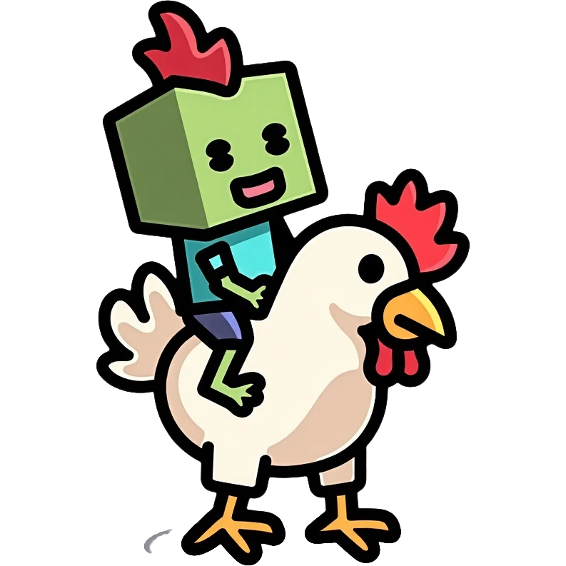 Minecraft chicken jockey - a small pixelated baby zombie riding on top of a white chicken, blocky style emoji