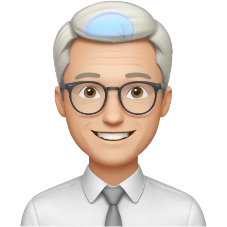 30 yr old pale white man, white/grey side swept stylish hair, round glasses, big smile, white teeth, handsome, longer hair, thin glasses, white dress shirt, smooth forehead, botox, no tie, open collar emoji