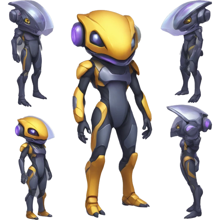 a Reptile-Genesect-Raptor-Fakémon with a futuristic visor-helmet and wearing a techwear-suit Full Body emoji