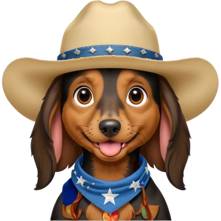 mostly black with some brown long hair daschund with a cowboy hat, ears curl out a bit and bandana and tongue slightly out emoji