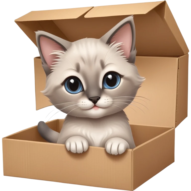  A very cute gery young happy kitten long hair Siamese Cat cat with one's head tilted to one side poked its paws out of the cardboard big box and placed them on top of it emoji