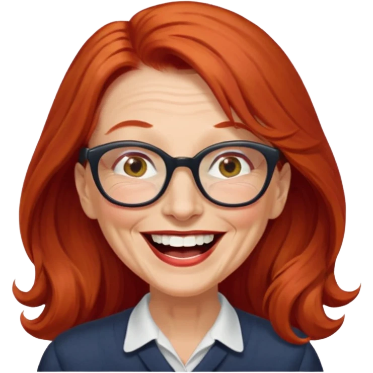 obese; older 50's ; long red hair ; women hazel eyes; glasses ; laughing emoji