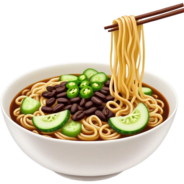 Beijing Zhajiang noodles with dark bean sauce and cucumber toppings, simplified emoji style with bold outlines and bright colors, cartoon style northern Chinese noodle dish emoji