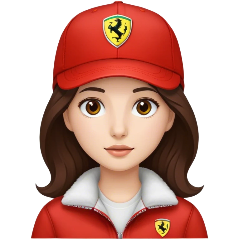 a brunette girl with medium length slightly wavy hair and white skin and brown eyes wearing an f1 ferrari cap emoji