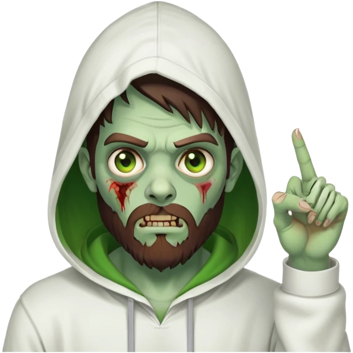 zombie pointing finger, undercut hairstyle with dark brown hair, short full beard, heterochromia with one green eye and one brown eye, wearing plain white hoodie with hood up emoji