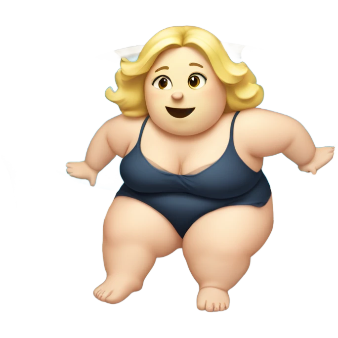 A very fat blonde girl at the pool which a fat dog emoji