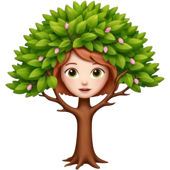 Style memoji iphone. Un petit sapin vert sylvestre, féminin, regard malicieux, tâches de rousseurs délicates, joues roses. Yeux de biche brillants en forme amande, yeux couleur ambre, tronc couleur acajou. Sapin en mouvement, incurvé pour un effet vivant. emoji