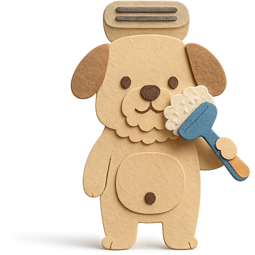 cute dog-shaped electric shaver, brushing its fuzzy face, creamy beige, full-body emoji