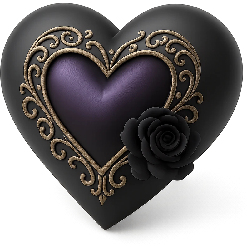 3D black style gothic heart, deep purple satin, silver filigree, black rose accent, elegant and moody emoji