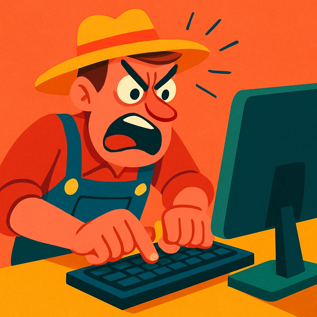 A farmer in overalls, angrily typing on a computer, exaggerated expression, in a vibrant style emoji