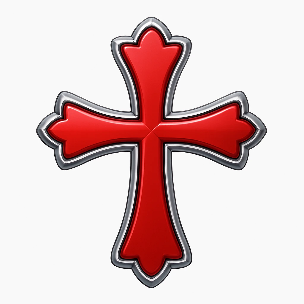 Add a silver outline with subtle shadow to the chrome hearts cross in red, keeping the apple emoji style with its characteristic look and feel. emoji