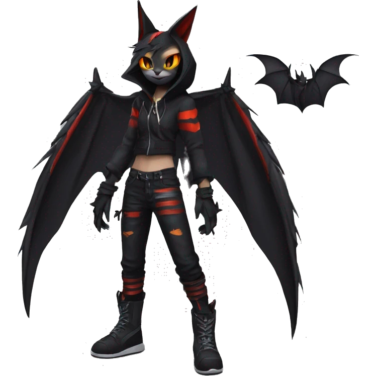 Cool Anthro Black Bat-Nargacuga-Litten-cat-Pokémon with edgy stripes hoodie spiked collar punk techwear Full Body emoji