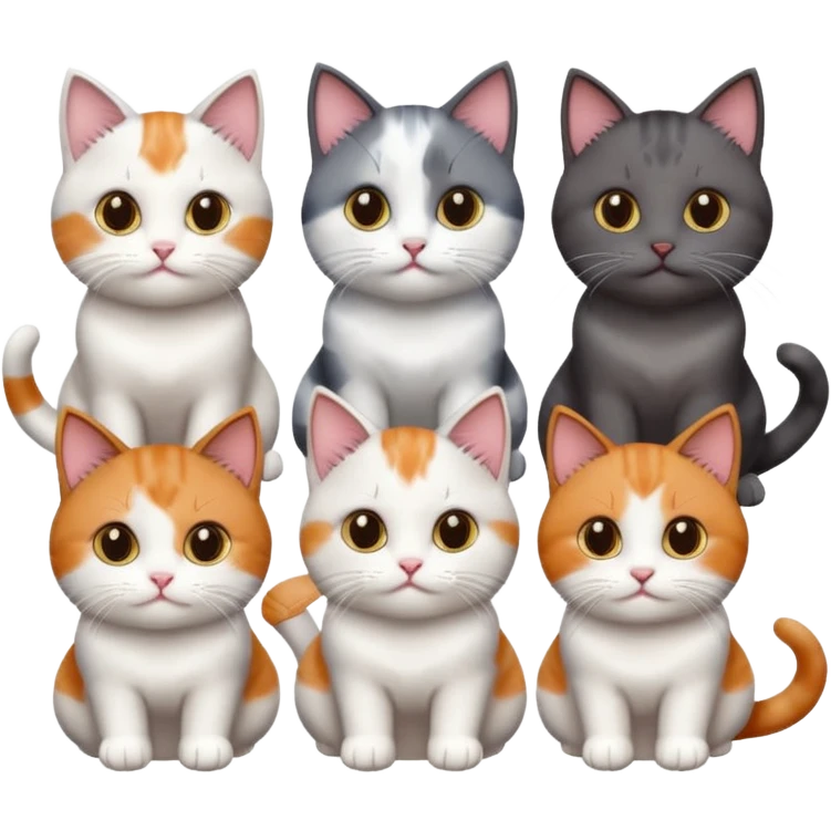 5 different coloured short haired cats including; a dark brown and white cat, and a dark grey and white, and a calico emoji