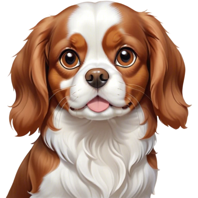 Cinematic Cute Blenheim Cavalier King Charles Spaniel Portrait Emoji, Head tilted playfully and inquisitively, silky Blenheim coat with warm chestnut and crisp white patches, round, sparkling brown eyes filled with curiosity, Simplified yet irresistibly adorable features, highly detailed, glowing with a warm, friendly glow, high shine, affectionate and lively, stylized with a touch of whimsy, bright and endearing, soft glowing outline, capturing the essence of a mischievous yet loving pup, so playful it feels like it could pounce out of the screen and into your arms! emoji