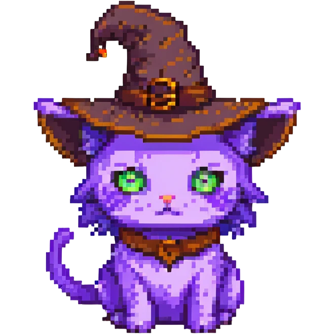 purple witch cat with a hat pixel art emoji