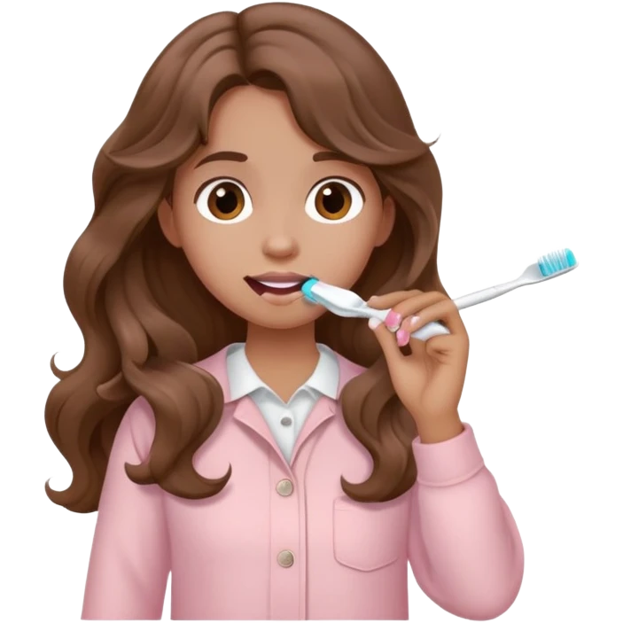 A girl with long brown wavy hair in pale pink clothes brushes her teeth emoji