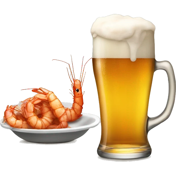 Big glass of beer and fried shrimp which are very tasty  emoji