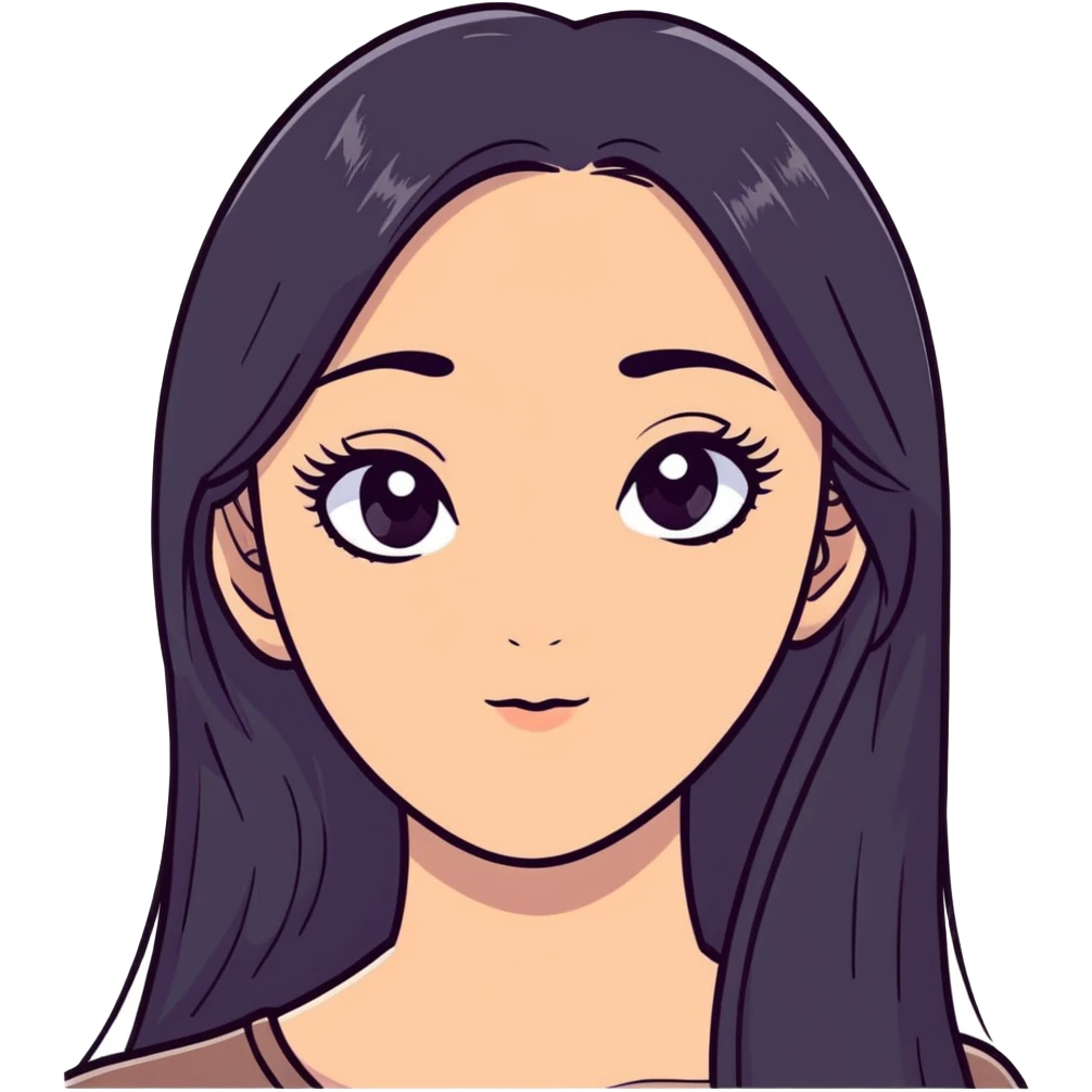 White girl with long oval shaped face, large almond shaped eyes with long eyelashes, long straight black hair falling in front of her bare shoulders, face closeup emoji