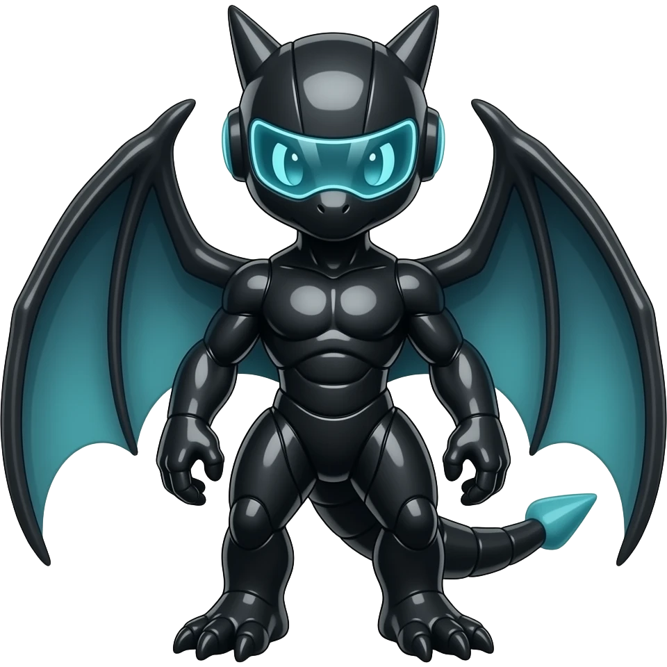 a shiny Black Genesect-Flygon-Raptor-Fakémon—hybrid with a futuristic visor-helmet full body emoji