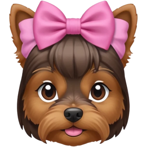 a little dar brown Yorkshire Terrier face with a ponytail on head tied with a bow. emoji