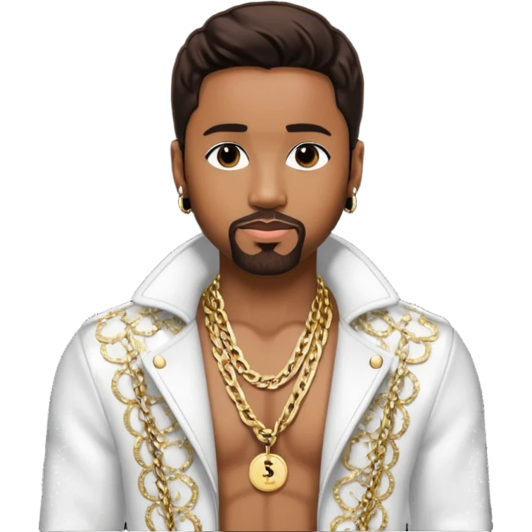 Teddy Riley with dark brown hair, white sequin jacket, shirtless with necklace emoji