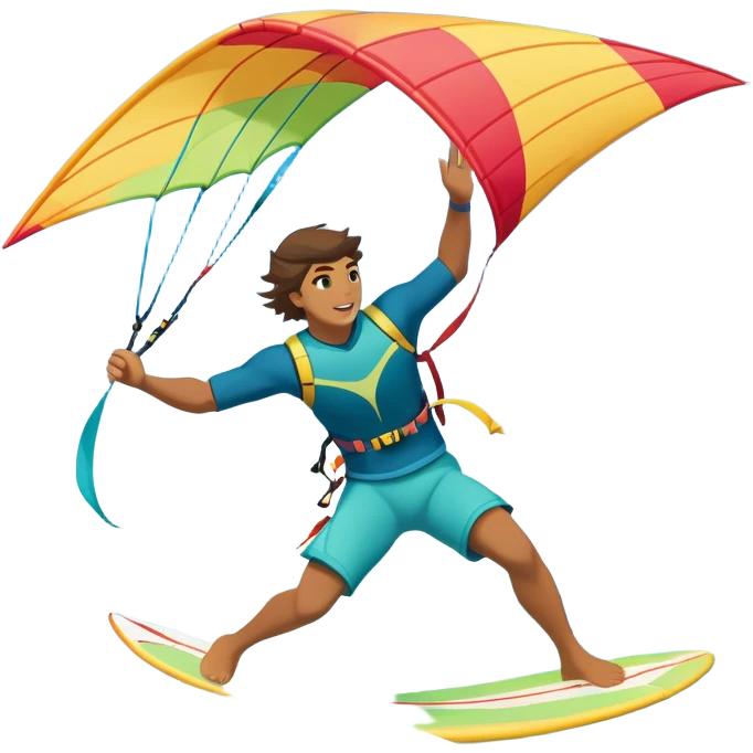 A kite surfer soaring above the waves, holding onto a kite with the wind in full force. The background showcases the ocean and sky, emphasizing the freedom, thrill, and energy of the sport. The motion of the kite and board is dynamic, capturing the excitement of kiting. emoji